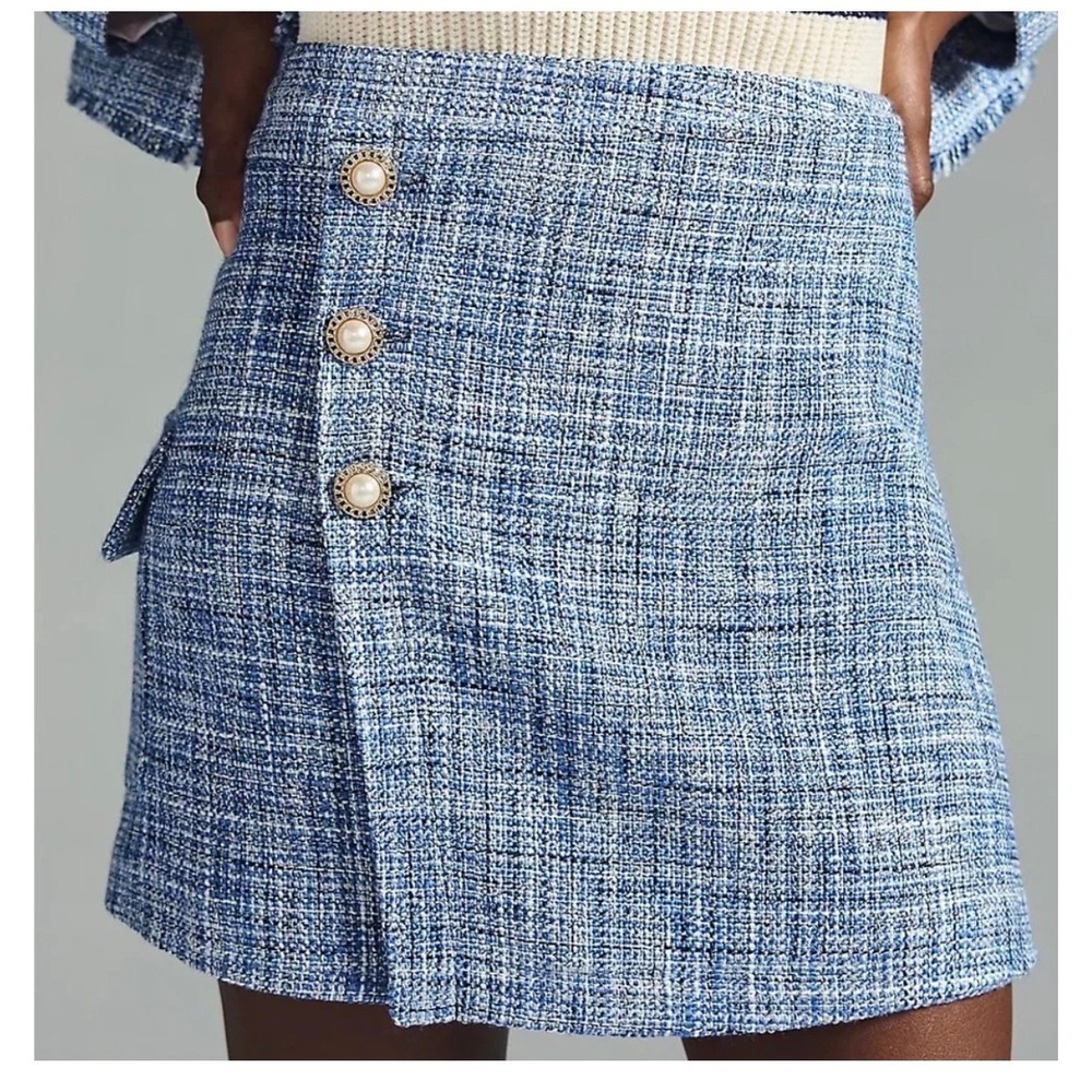 Maeve Anthropologie Blue Tweed Pearl Button Mini Skirt Women's Size 12